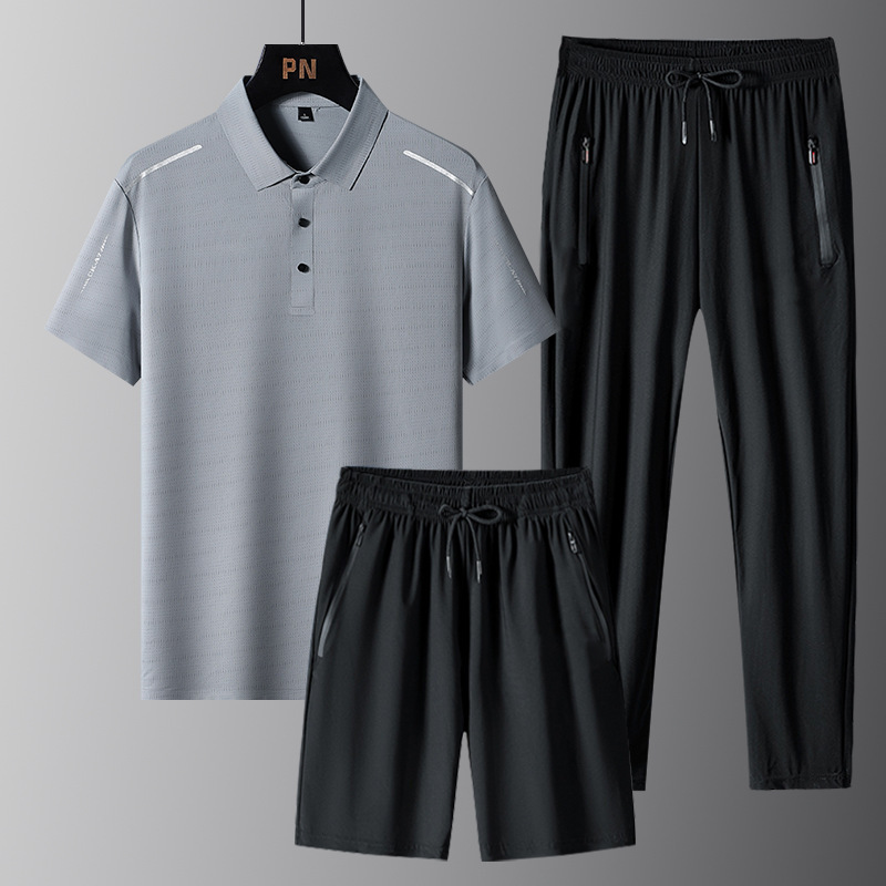 enfriamiento ventilación polo seda de hielo hombre manga corta camiseta de verano larga ropa casual de hombre tres piezas