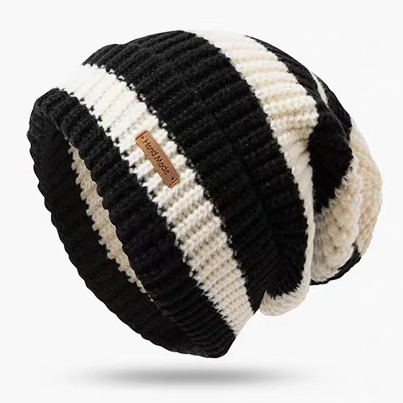 Japanese Retro Letter Small Label Striped Large Version For Women Autumn Winter Warm Versatile Knitted Slouchy Hat_voghion.com