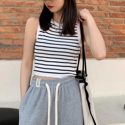 Southeast Asian Striped Vest Women's Short Slim Summer Round Neck Sleeveless Ice Silk Bottoming Knitwear Top