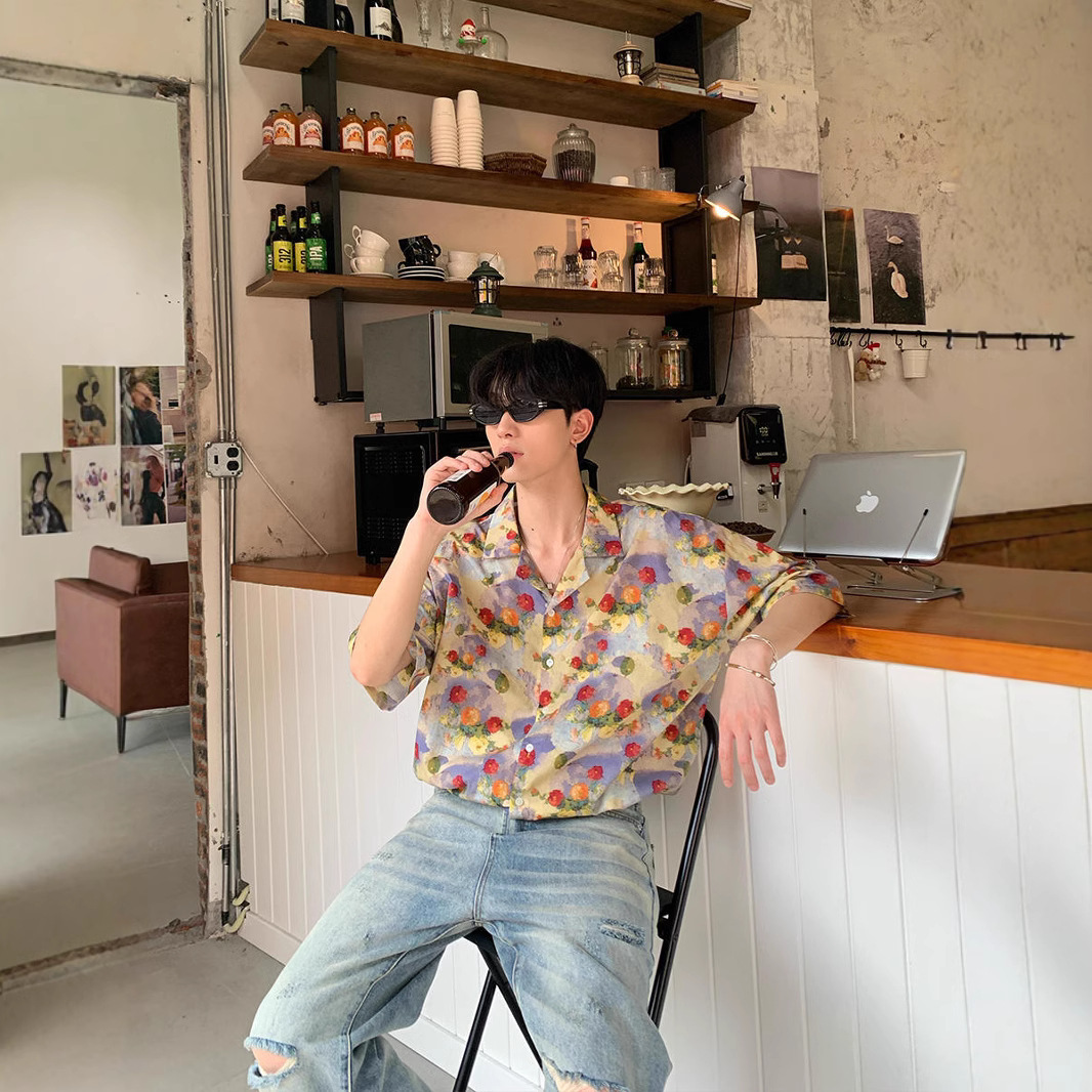 Floral Shirt Men's New Summer Loose and Versatile Casual Half-Sleeved Shirt Beach Vacation Style Lapel Cardigan Top