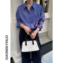 【欧凡】miu系时尚蓝色格子衬衫女2025四季新款宽松长袖上衣2500