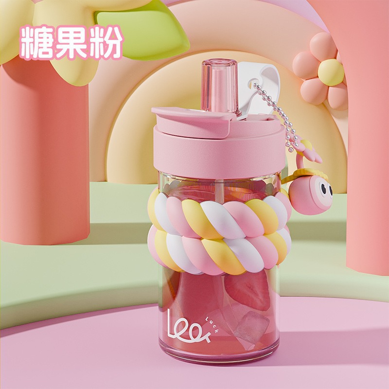 Taza de agua de vidrio de caramelo doble bebida borosilicato estudiante taza de alto valor para niñas taza de paja portátil resistente a altas temperaturas de verano