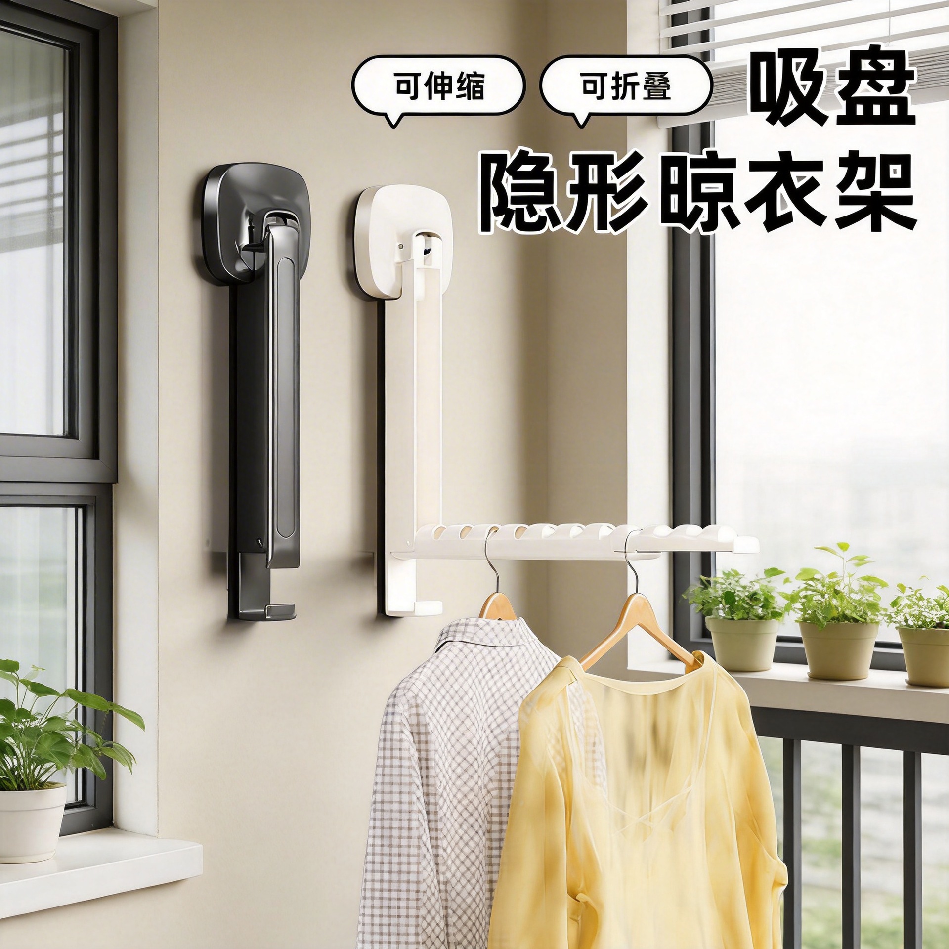 Foldable Suction Cup Telescopic Clothes Rack Dormitory Hanger Invisible Punch-Free Acrylic Traceless Clothes Hanger