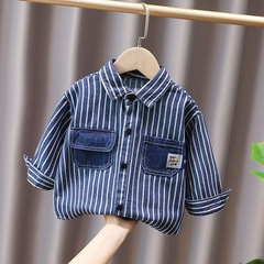 Boys' shirt vertical stripe long-sleeved denim jacket 2024 spring new style pocket stitching baby tops for small and medium-sized children