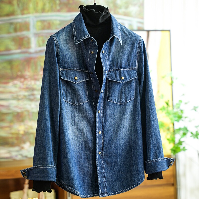 Turkish Combed Cotton Flap Pocket Pants Straight Denim Shirt Women's Autumn and Winter 1128