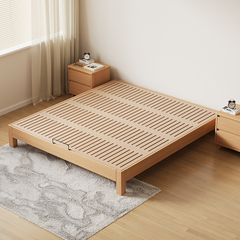 Solid wood bed, all beech solid wood, no headboard, thickened slatted frame, mortise and tenon joints, children's tatami bedroom 1.8m double bed Solid wood bed, all beech solid wood, no headboard, thickened slatted frame, mortise and tenon joints, children's tatami bedroom 1.8m double bed