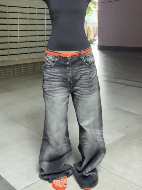 American Retro Style Plus-Size Washed and Distressed White Denim Jeans for Women, with Button Front, Straight Loose Wide-Leg Pants