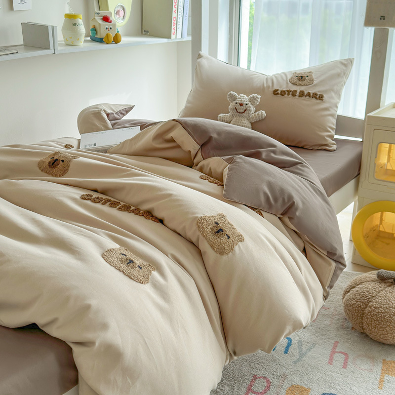 Juego de cama de dormitorio de estudiantes de tres piezas, ropa de cama de algodón puro, sábana, edredón, juego de cuatro piezas