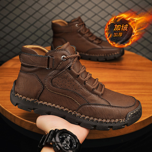 Men's winter cotton shoes with warm padding, mid-sole, lace-up, anti-slip, soft bottom, outdoor sports casual shoes