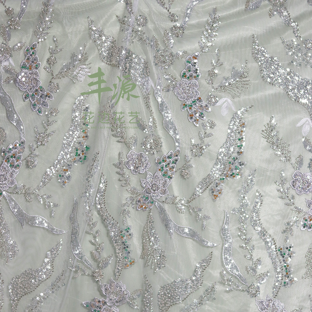 Beaded embroidery fabric for high-end custom-made wedding dresses and evening gowns. Beaded embroidery fabric pic 5
