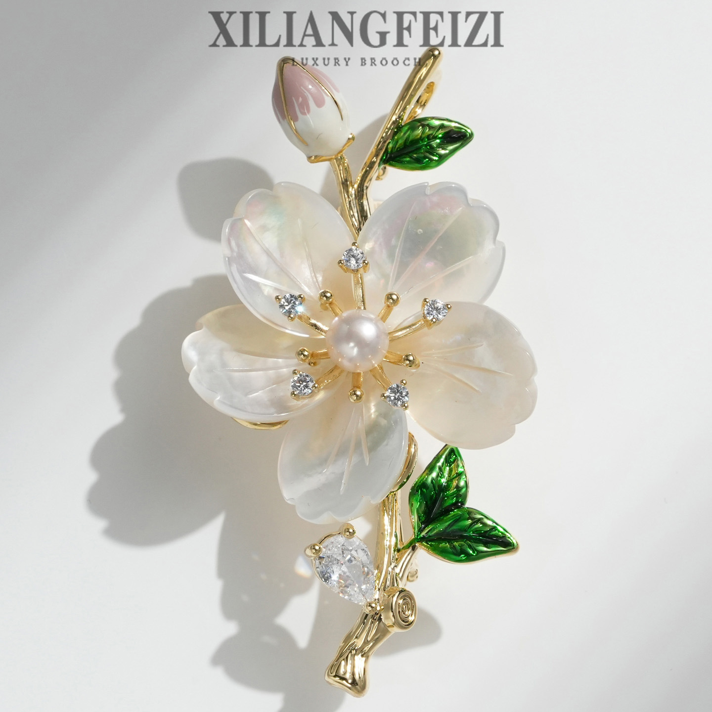Xiliang Feizi High-End Natural Freshwater Pearl Shell Azalea Flower Brooch Enamel Flower Bud Accessory Brooch Pin
