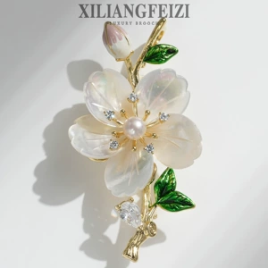 Xiliang Feizi High-End Natural Freshwater Pearl Shell Azalea Flower Brooch Enamel Flower Bud Accessory Brooch Pin