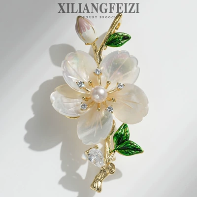 Xiliang Feizi High-End Natural Freshwater Pearl Shell Azalea Flower Brooch Enamel Flower Bud Accessory Brooch Pin
