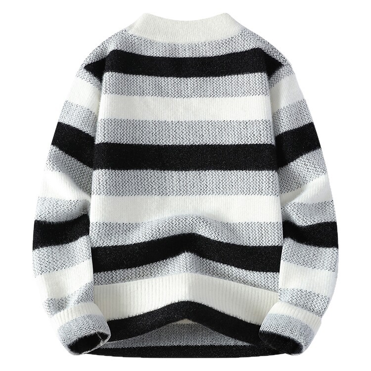 Tendencia masculina de invierno nuevo cuello redondo engrosado jacquard rayas de manga larga suéter de moda masculino camiseta de punto cálida