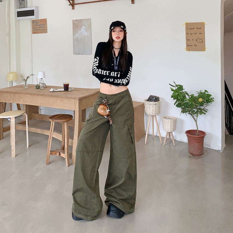 Military Green American High Street Workwear Jeans for Women 2026 Spring and Autumn New Style Loose High-Waisted Slimming Wide-Leg Pants