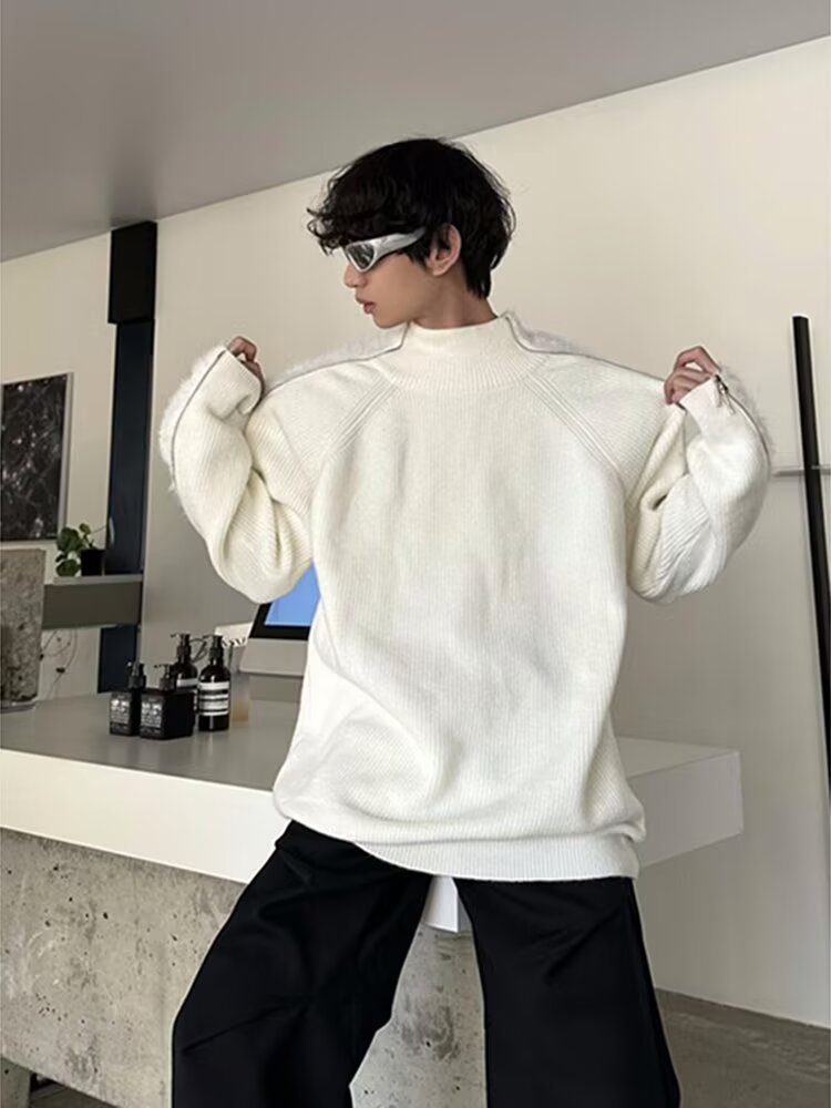 Men's Clothing street zipper sweater brand high street casual deconstruction design loose round neck knitted sweater trend_voghion.com