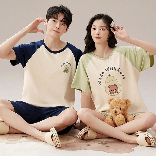 Summer Couple Pajamas Women Summer Cotton Short Sleeve Shorts Men Cartoon New Home Set Ladies Cross-border