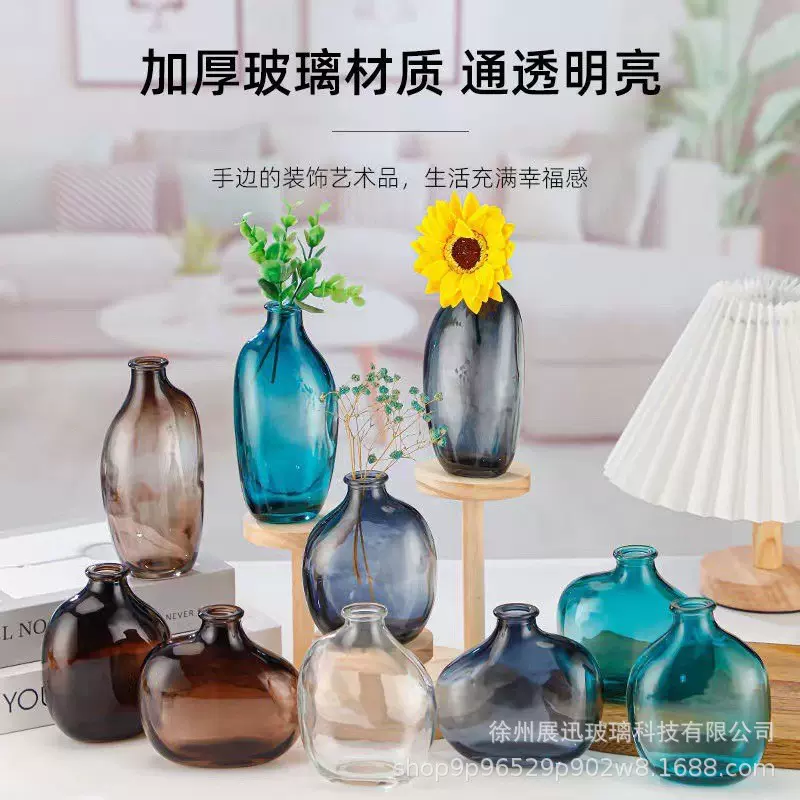 北欧斜肩玻璃小花瓶水培鲜花瓶客厅桌面摆件玻璃瓶创意家居器皿