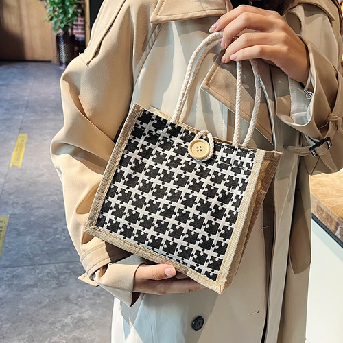 Fashionable linen women's bag, autumn new handbag, plaid button simple lunch bag, linen small bag for women