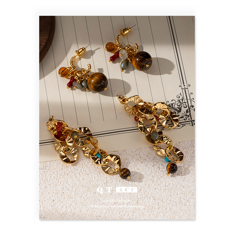 Europa y América de moda retro natural ojo de tigre colgante pendientes de orejas simple versátil otoño y invierno estilo de alta sensación delicado pendientes de orejas mujeres