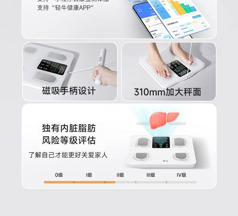 Smart home wide-screen color display scale, precision Bluetooth electronic scale, eight-electrode body fat analyzer for fitness management.