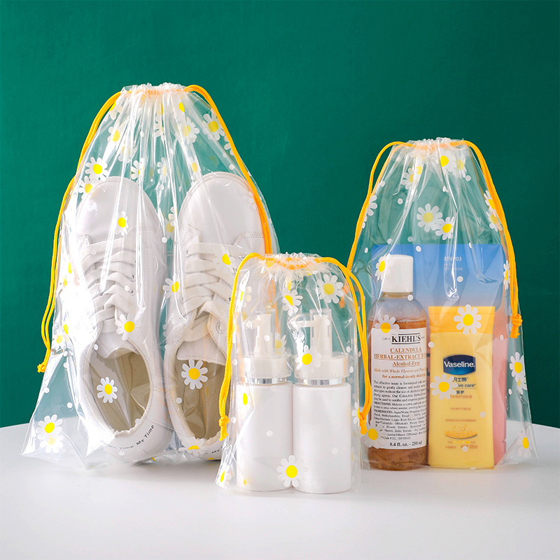 Pe Sanding Travel Storage Bag with Daisies Transparent Sanding Drawstring Pouch Plastic Packaging Bag Wholesale