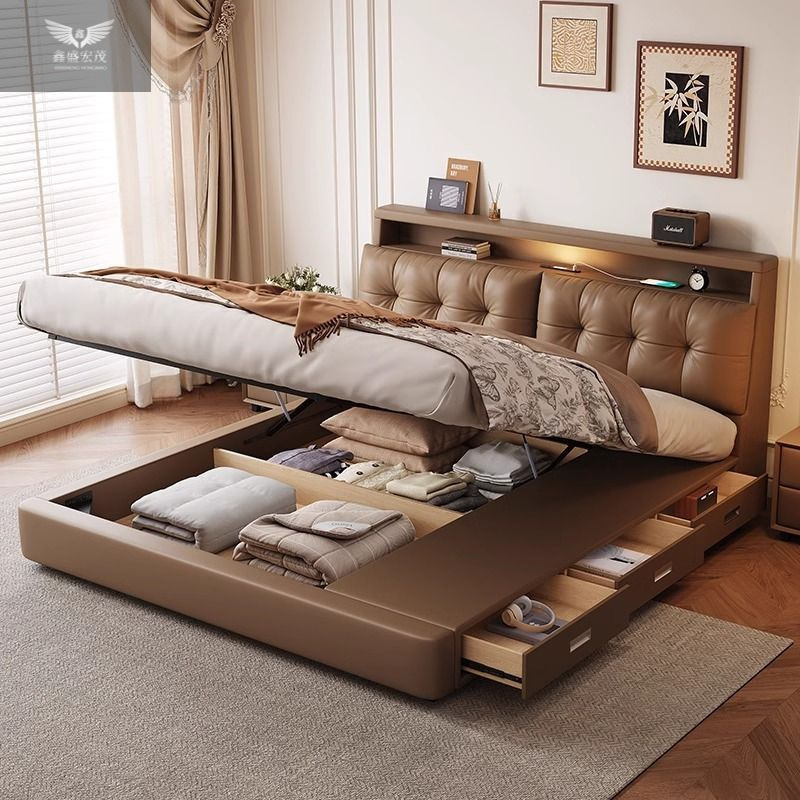 Cama de cuero multifuncional moderna y simple dormitorio principal doble cama de paquete flexible atmósfera italiana cajón de almacenamiento de cabecera de lujo