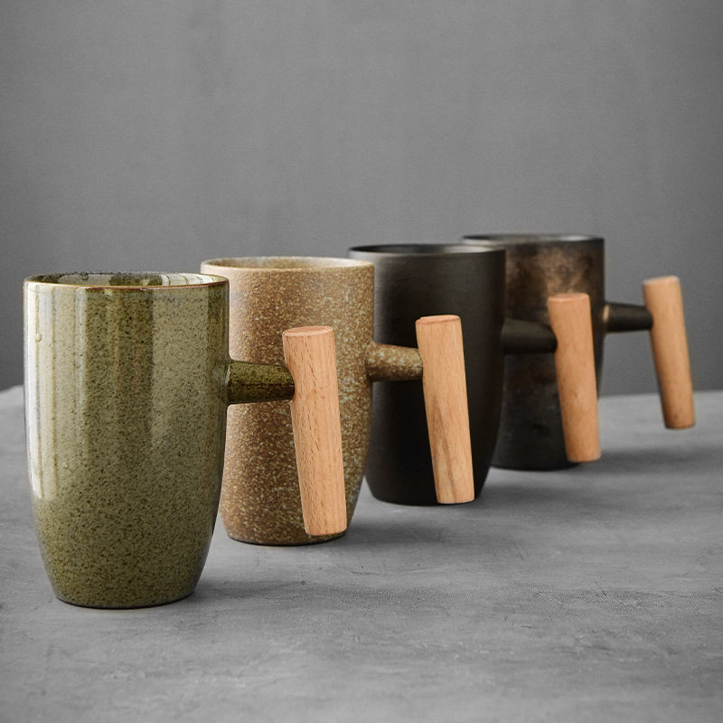 ENCAN oro esmalte gres Japonés taza personalidad simple de cerámica té mango madera creativa café Taza agua