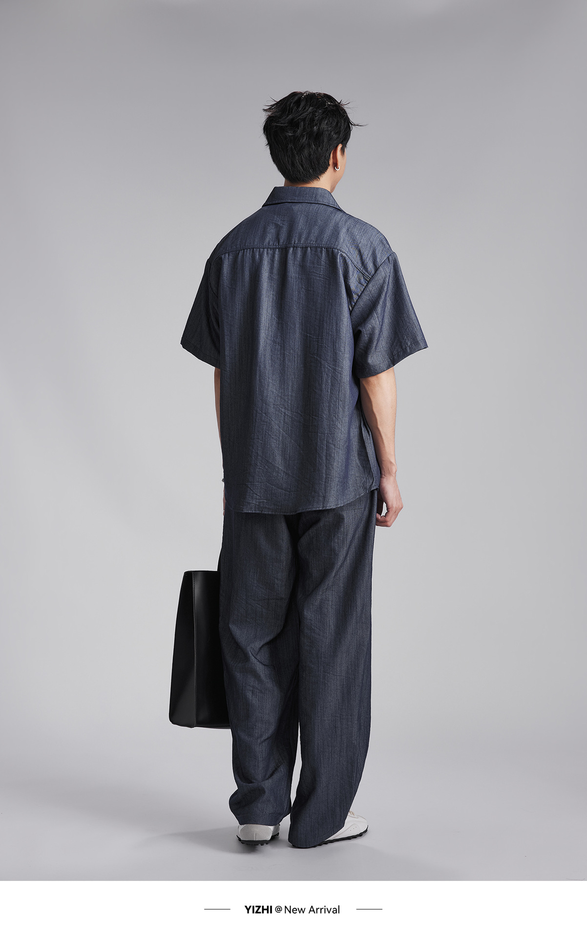 Bộ đồ thể thao nam phong cách denim giả, áo sơ mi dài tay phối quần ống rộng — Tây Tạng màu xanh - quần dài chi tiết 8