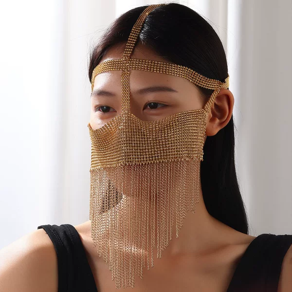 Cross-border New Headwear European and American Fashion Golden Shiny Sequin Chain Tassel Face Chain Mask Nightclub Performance Accessories