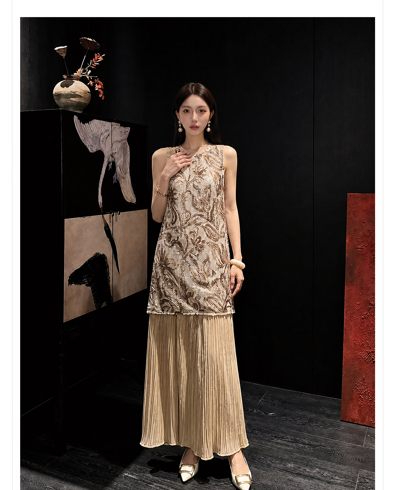 Đầm maxi nữ thắt eo phong cách Tân Trung Hoa họa tiết thêu nổi — Trà cà phê chi tiết 15