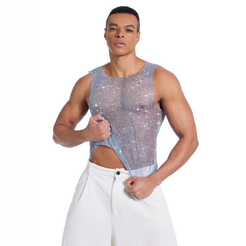Amazon European and American Men's Elastic Mesh Flash Diamond Mesh Cut Out Slim Top Rhinestone Party Wear Nightclub Vest