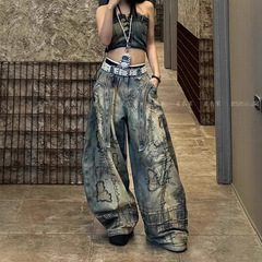 美式高街设计感重工个性乱针刺绣牛仔裤子25春辣妹脏染拖地弯刀裤