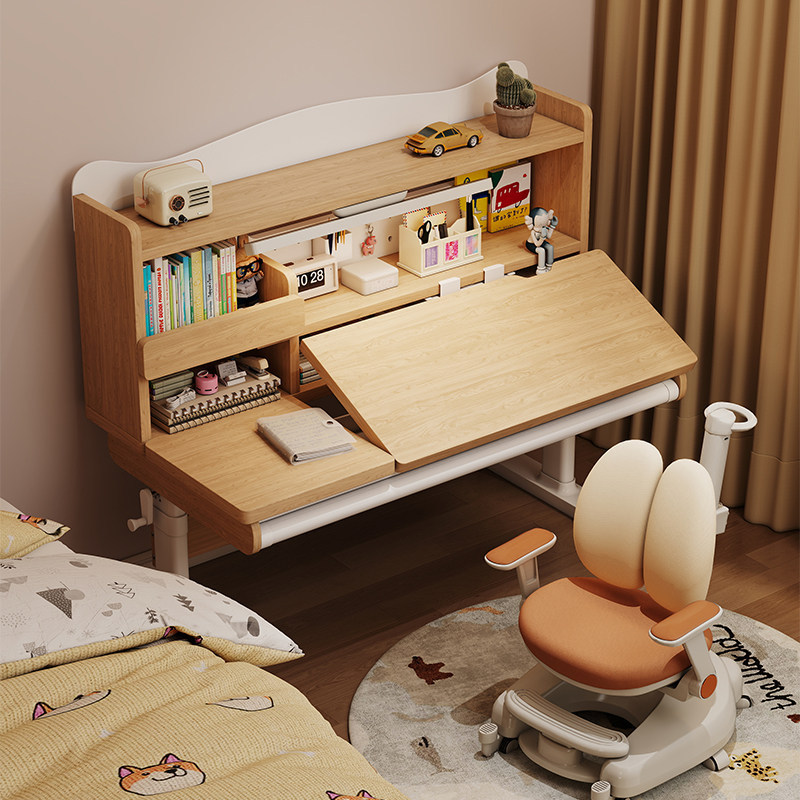 High-end premium study desk for children, children's desk for primary school students, home-use writing desk with eye protection lamp, solid wood adjustable height desk and chair set