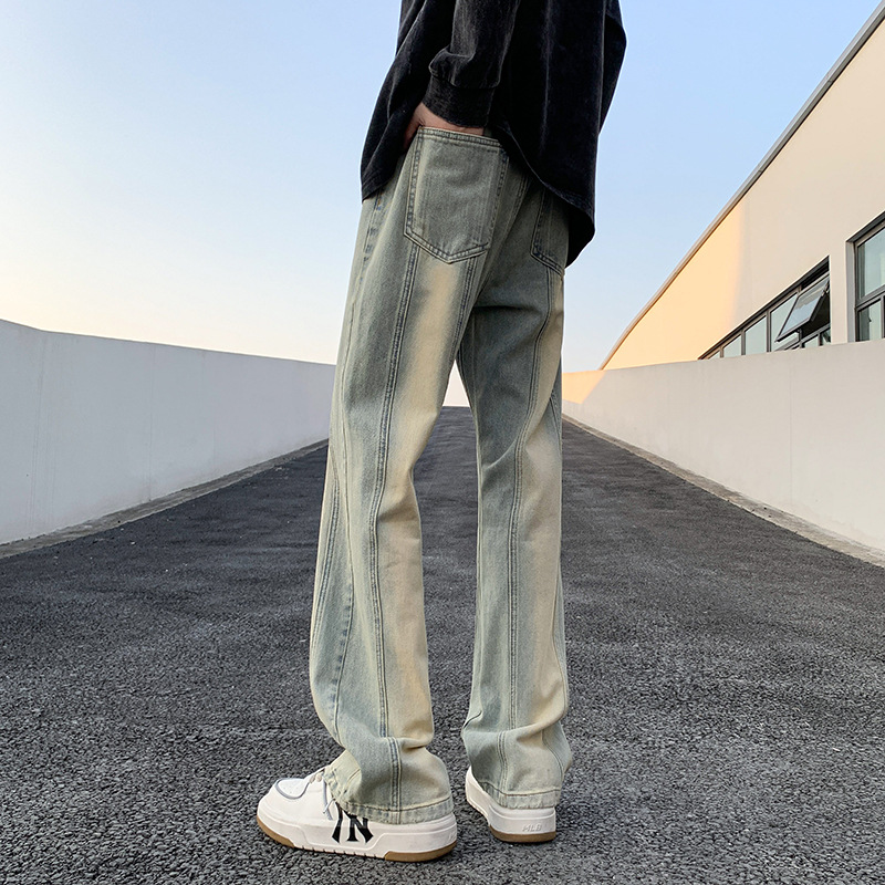 Amarillo barro rectos jeans de moda masculinos primavera callejera pantalones de pierna ancha sueltos retro retro americano