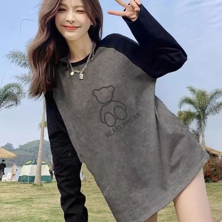 German velvet mid-length color-block long-sleeved T-shirt Korean-style loose foreign-style printed bottoming top with shark pants fleece-lined top