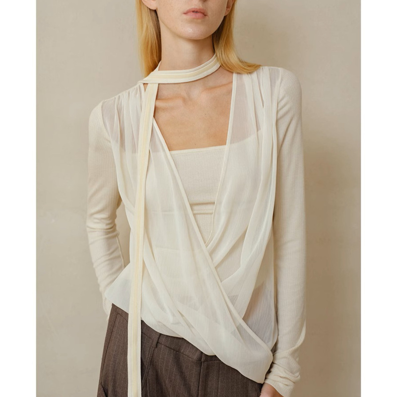 Someone Somtimes Draped Overlapping Mesh Fake Two-Piece Velvet Halterneck Wool Knitted Top