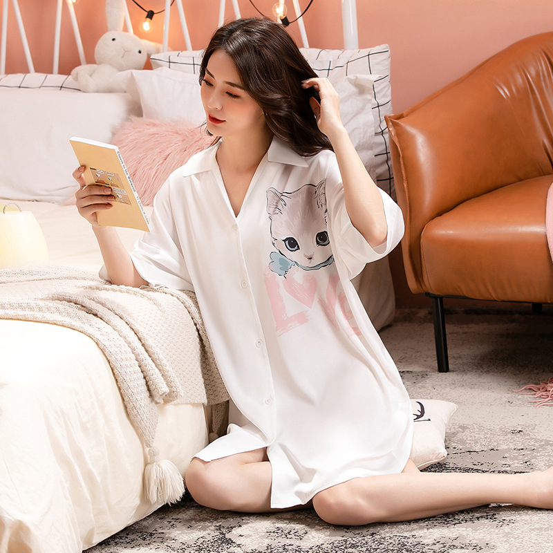 2023 nuevo camisón de seda del hielo verano las mujeres delgada flor gato impresión más tamaño media manga desgaste hogar camisa vestido