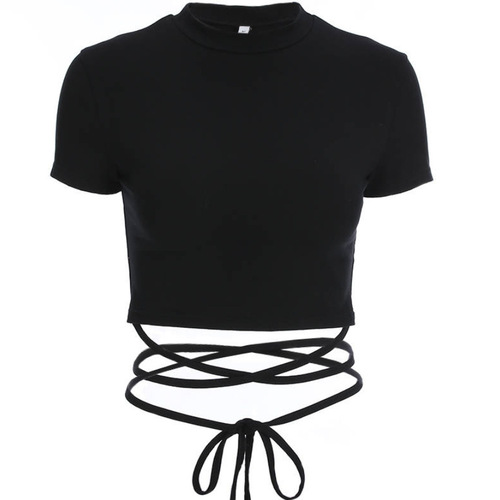 Solid color short navel-baring cross-strap short-sleeved T-shirt for women in summer, versatile tight-fitting, slim, high-waisted, discreet top