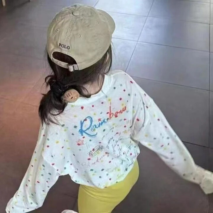 Thin and Cool Dopamine Colorful Polka Dot Round Neck Long-Sleeved T-Shirt for Girls 2025 Summer New Sun Protection Top