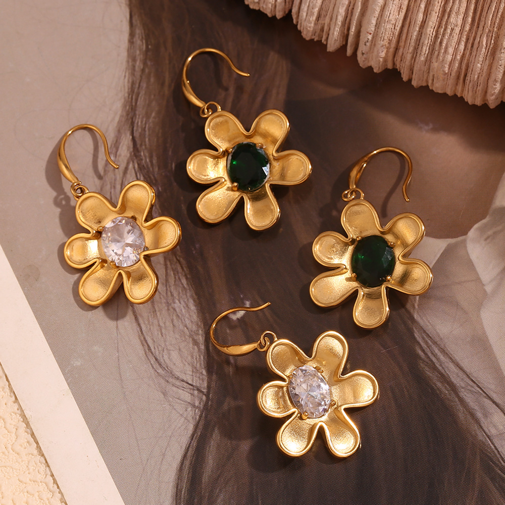 Zircon Inlaid Flower Stainless Steel Earrings