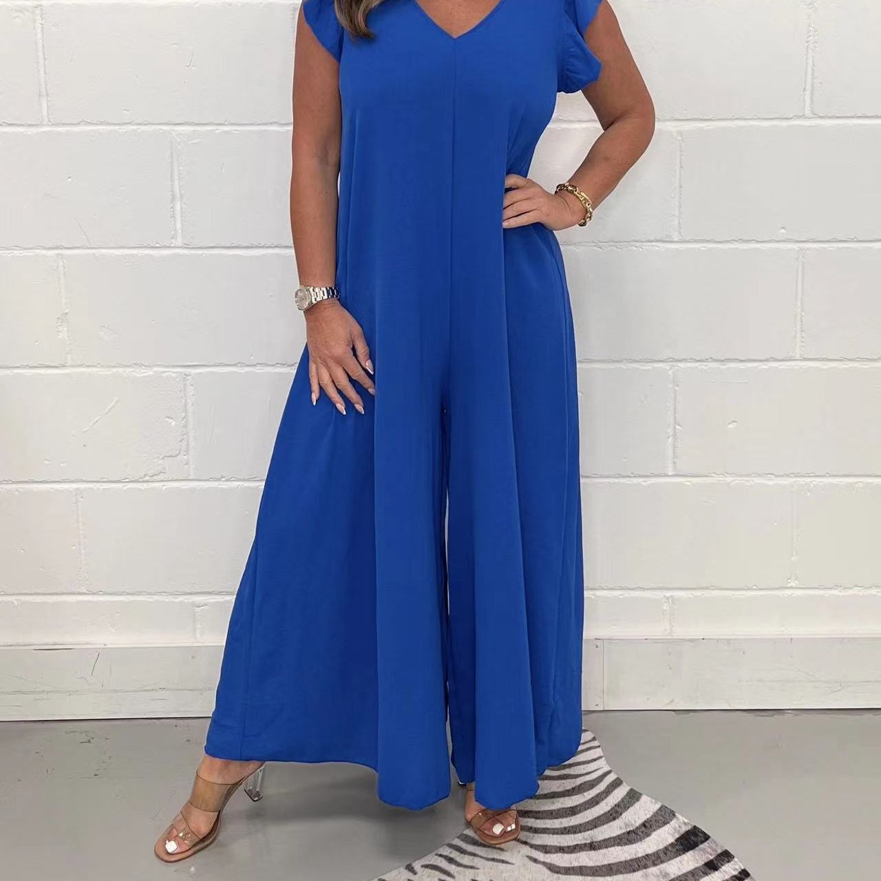 2023 verano nuevo Amazon Europa y América de las mujeres sueltas pantalones con volantes color sólido pierna ancha mono