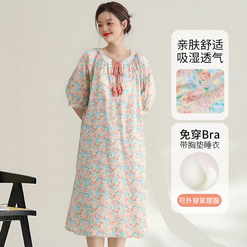 Plus-Size, Full-Printed Home Sleep Dress, New Summer Product, Women's Long Sleep Dress with Built-In Chest Pads