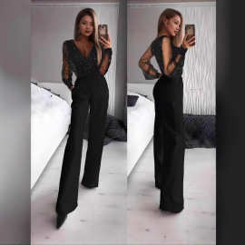 亚马逊跨境电商独立站欧美女装网纱撒粉拼接连体裤