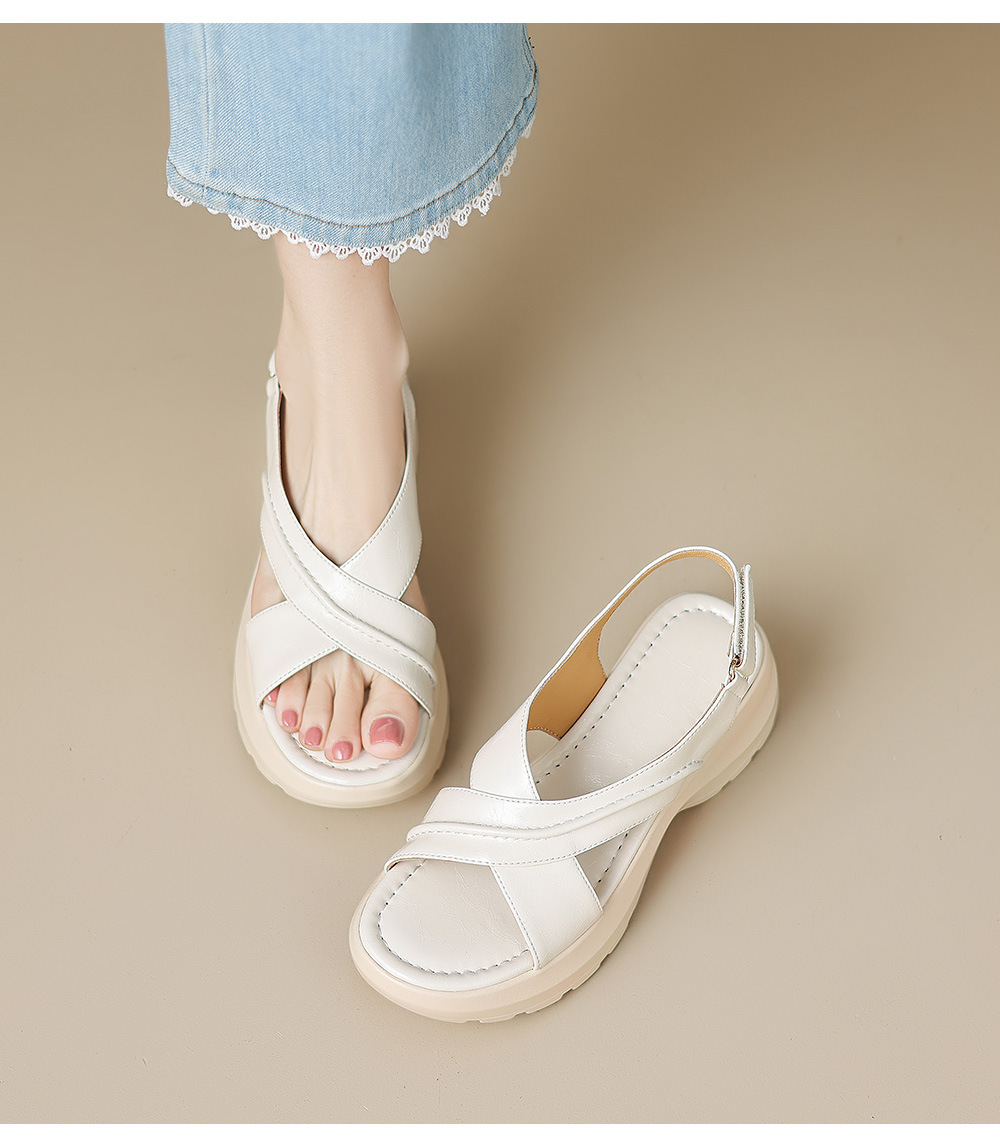 Sandal nữ đế dày phong cách thể thao quai chéo hở mũi, đế bánh mì êm ái — màu trắng ngà, bạc chi tiết 19