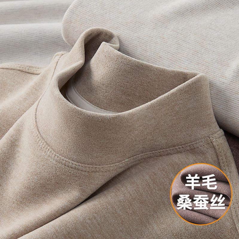 Super Warm! Heat-Retaining Cashmere Wool and Mulberry Silk Half-High Collar Base Layer Shirt with Added Fleece for Warmth, Thick Inner T-Shirt for Men