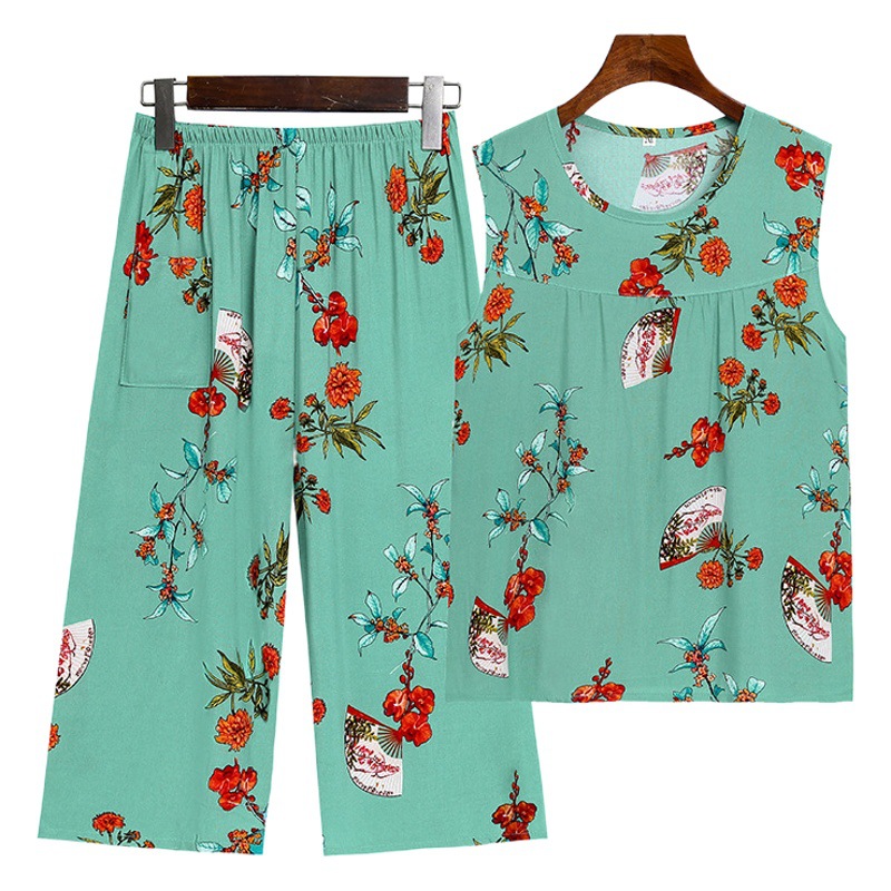 Chaleco sin mangas de seda de algodón de verano para mujer de mediana edad y ancianas pantalones cortos pijamas de dos piezas traje de algodón artificial para el hogar