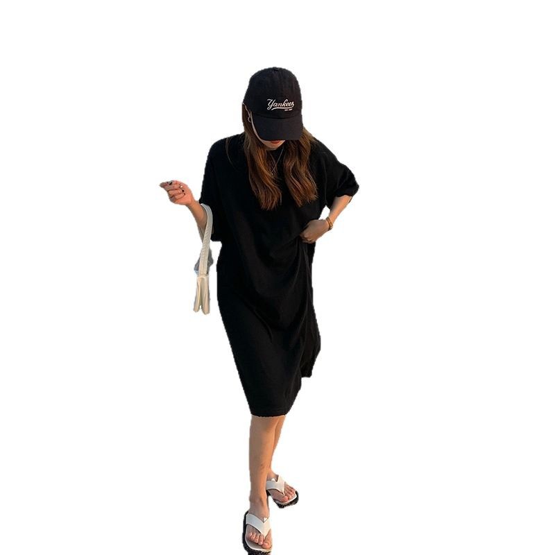여성을위한 순수 코튼 라글란 백 칼라 드레스 여름 새로운 한국 스타일 느슨한 중간 길이 반팔 티셔츠 드레스 여성을위한