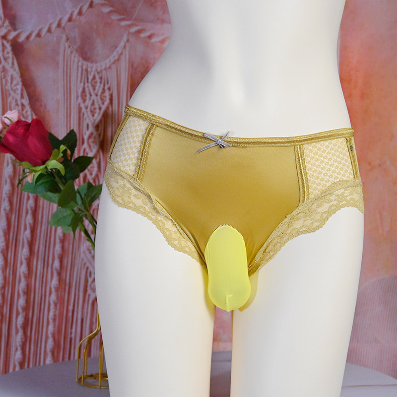 Sexy Mid-Waist Men's Satin Light Luxury Bag Egg Triangle Underwear Silk Satin Breathable Antibacterial Large Size Lace Hollow Out