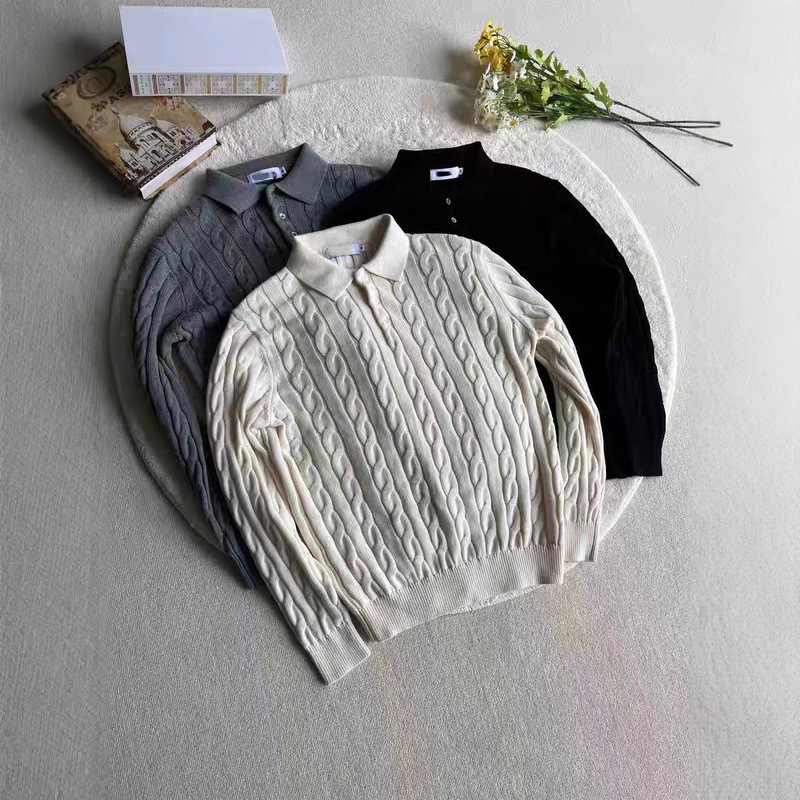High-Quality Cable Knit Polo Collar Long-Sleeve T-Shirt for Men in Three Colors, Old Money New Elite Knitwear